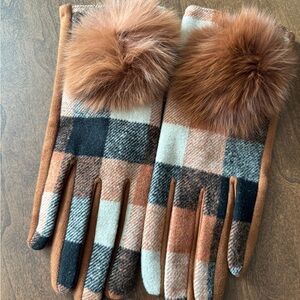 Rust Plaid Patterned Gloves with genuine Fur Pom Pom